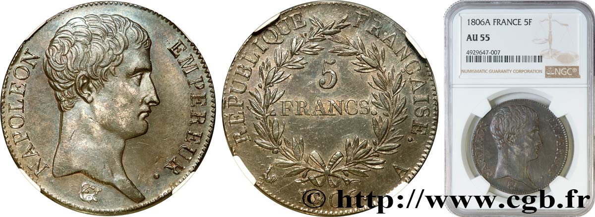 5 francs Napoléon Empereur, Calendrier grégorien 1806 Paris F.304/1 SUP55 NGC