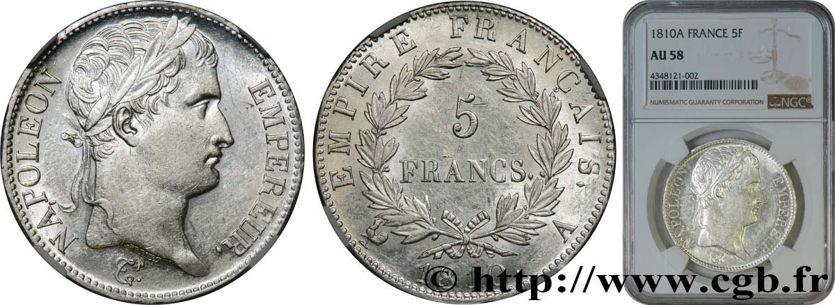 5 francs Napoléon Empereur, Empire français 1810 Paris F.307/14 AU58 NGC