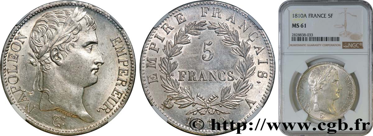 5 francs Napoléon Empereur, Empire français 1810 Paris F.307/14 MS61 NGC