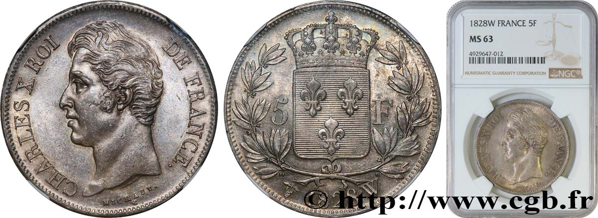 5 francs Charles X, 2e type 1828 Lille F.311/26 MS63 NGC