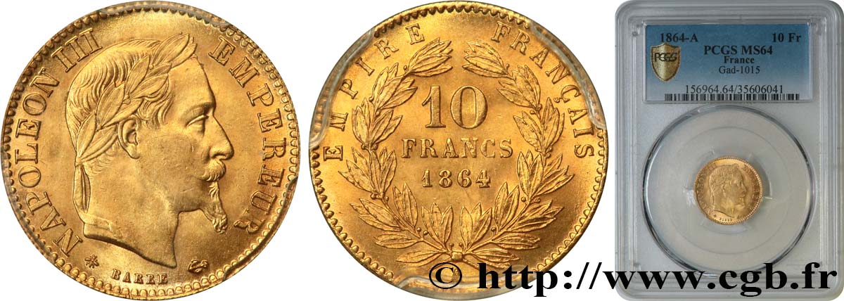 10 francs or Napoléon III, tête laurée 1864 Paris F.507A/6 fST64 PCGS