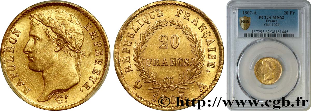 20 francs or Napoléon tête laurée, République française 1807 Paris F.515/1 MS62 PCGS