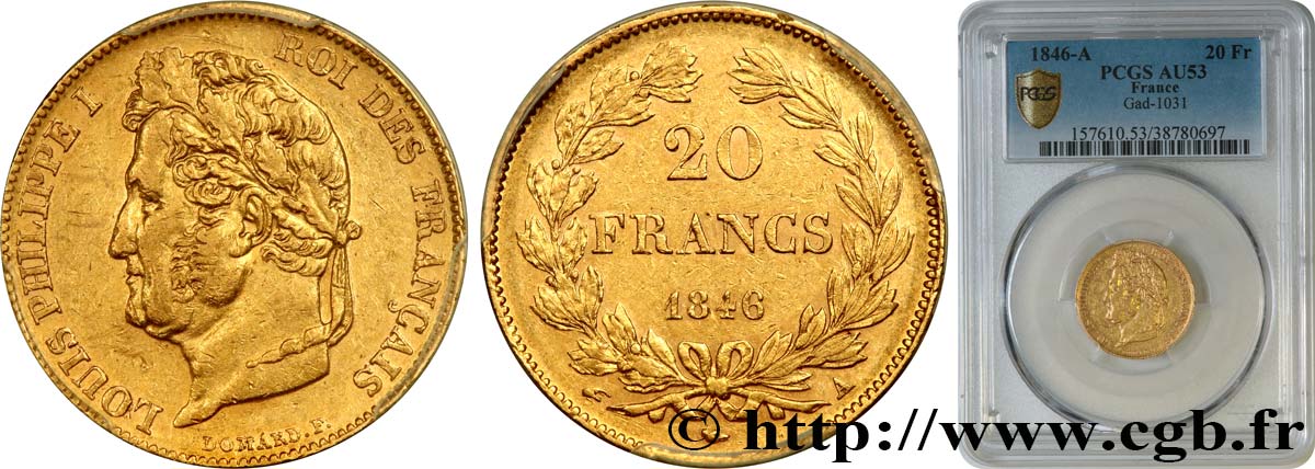 20 francs or Louis-Philippe, Domard 1846 Paris F.527/35 AU53 PCGS