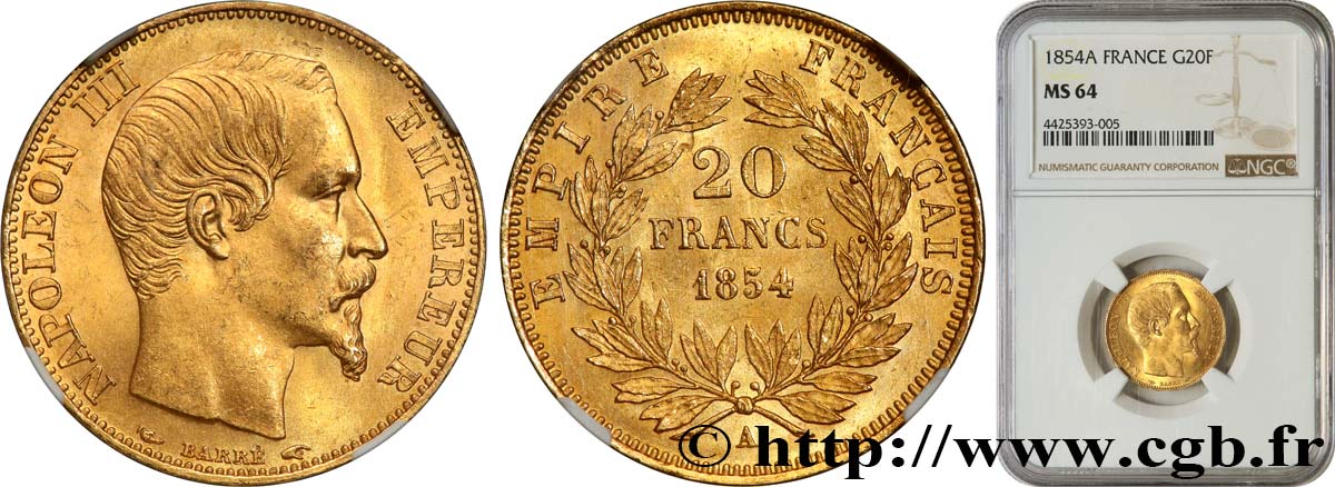 20 francs or Napoléon III, tête nue 1854 Paris F.531/2 SC64 NGC