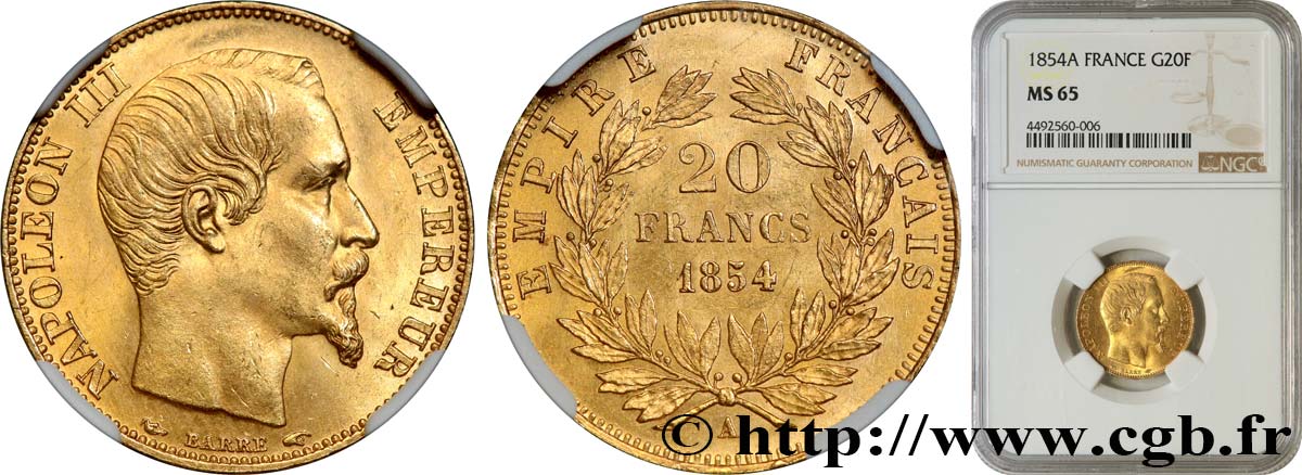 20 francs or Napoléon III, tête nue 1854 Paris F.531/2 ST65 NGC