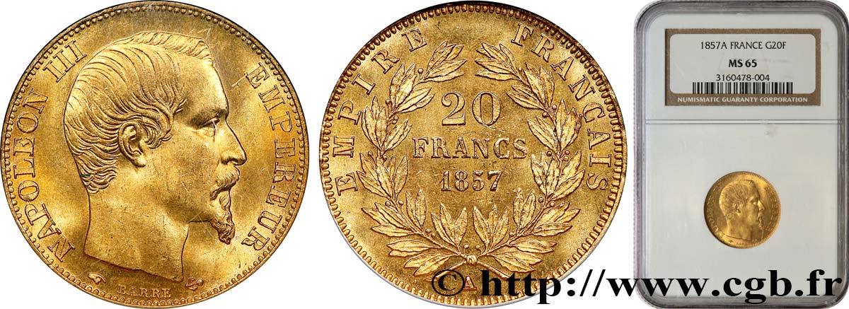 20 francs or Napoléon III, tête nue 1857 Paris F.531/12 MS65 NGC