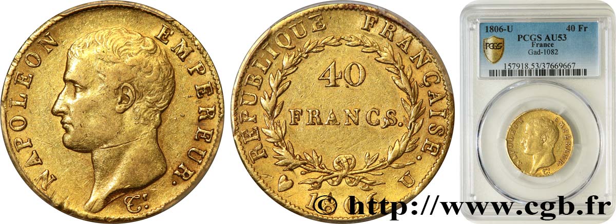 40 francs or Napoléon tête nue, Calendrier grégorien 1806 Turin F.538/4 BB53 PCGS