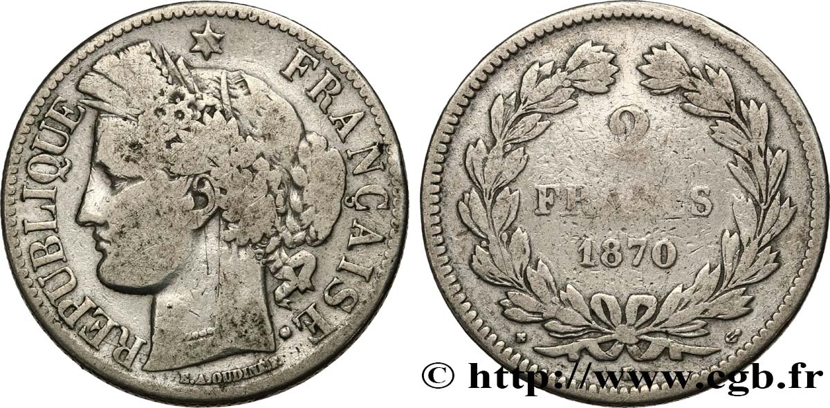 2 francs Cérès, sans légende 1870 Bordeaux F.264/2 F15 