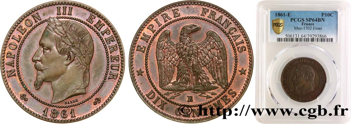 Essai de dix centimes Napoléon tête lauré 1861 Paris Maz.1702 * SC64 PCGS