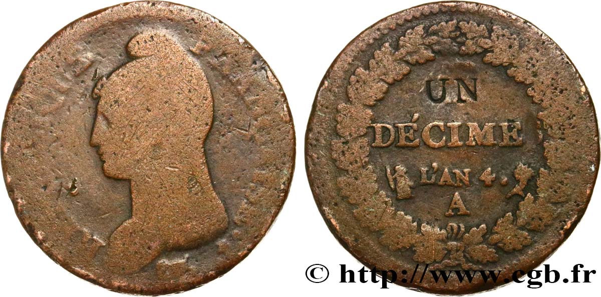 Un décime Dupré, modification du 2 décimes 1796 Paris F.127/1 B10 