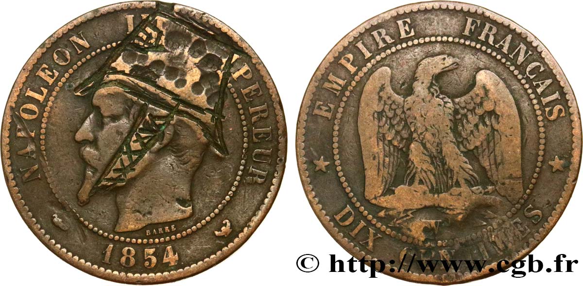 Dix centimes Napoléon III, tête nue, satirique 1854 Lille F.133/18 var. TB 