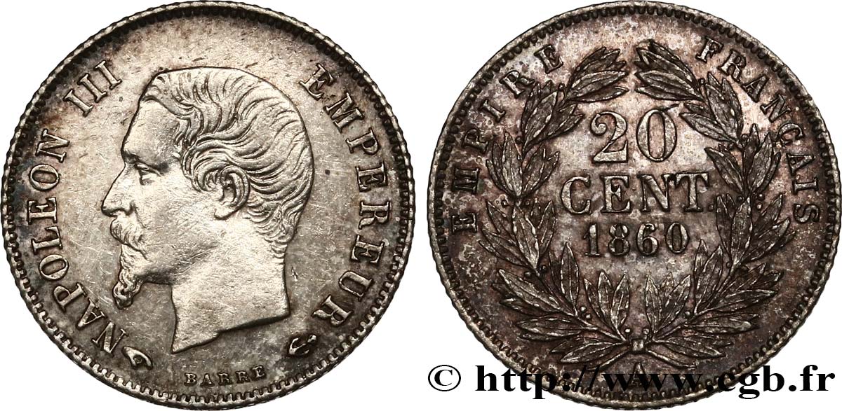 20 centimes Napoléon III, tête nue 1860 Paris F.148/13 MBC+ 