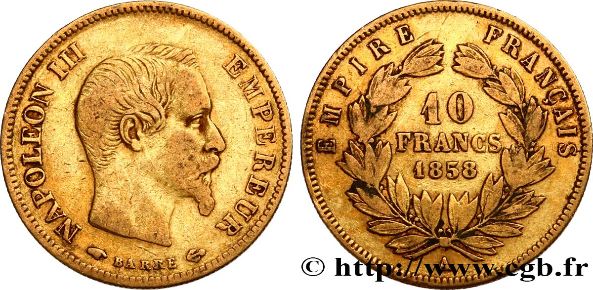 10 francs or Napoléon III, tête nue 1858 Paris F.506/5 VF30 
