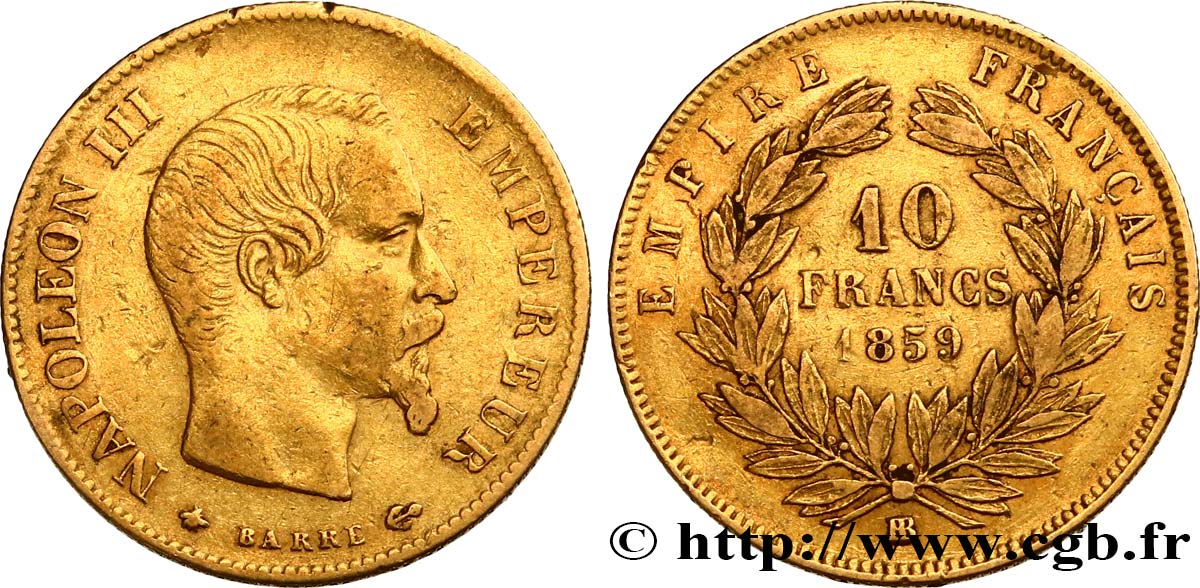10 francs or Napoléon III, tête nue 1859 Strasbourg F.506/8 TB30 