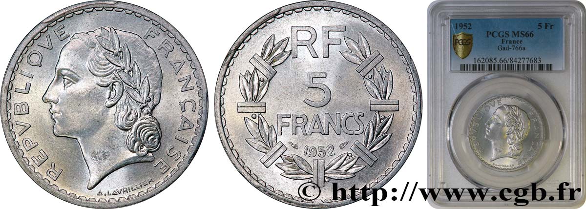 5 francs Lavrillier, aluminium 1952  F.339/22 MS66 PCGS