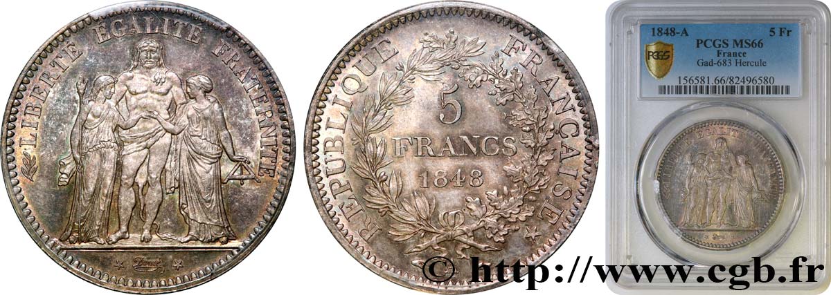 5 francs Hercule, IIe République 1848 Paris F.326/1 ST66 PCGS