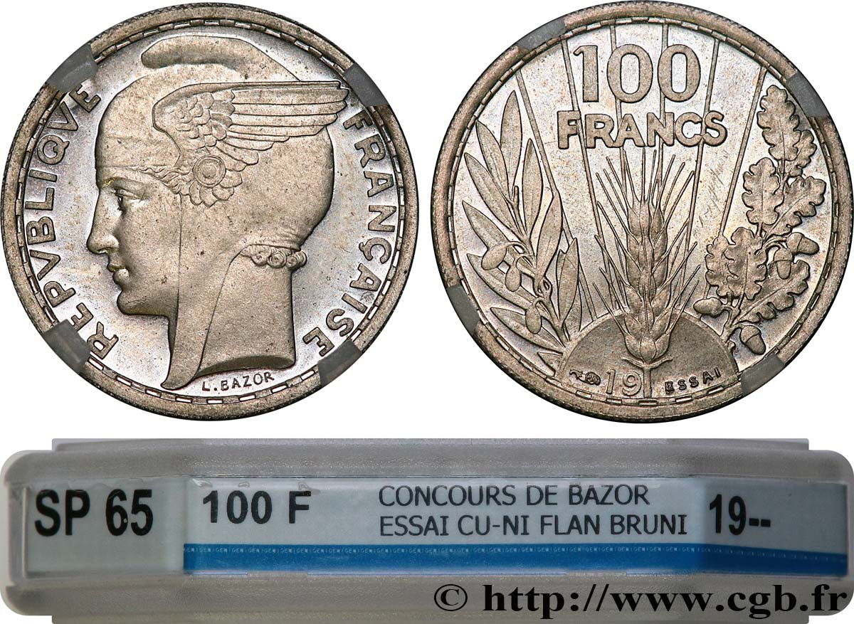 Concours de 100 Francs, essai de Bazor en cupro-nickel, Flan Bruni 19-- Paris GEM.290 1 FDC65 GENI