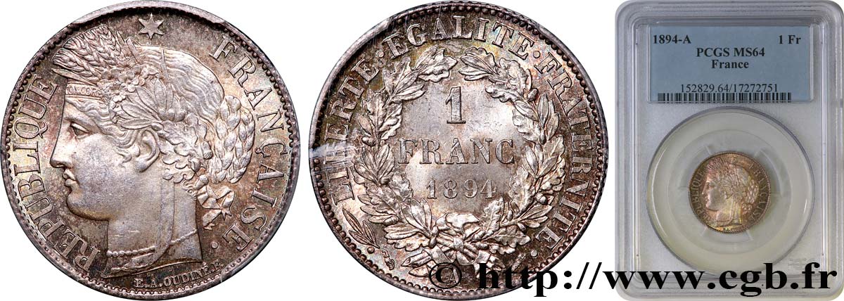 1 franc Cérès, Troisième République 1894 Paris F.216/12 fST64 PCGS