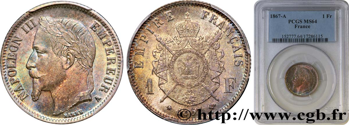 1 franc Napoléon III, tête laurée 1867 Paris F.215/6 MS64 PCGS