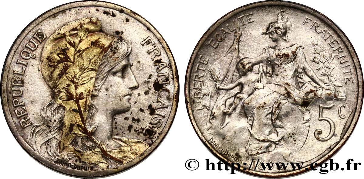 5 centimes Daniel-Dupuis, doré et argenté 1898  F.119/5 var. fVZ 