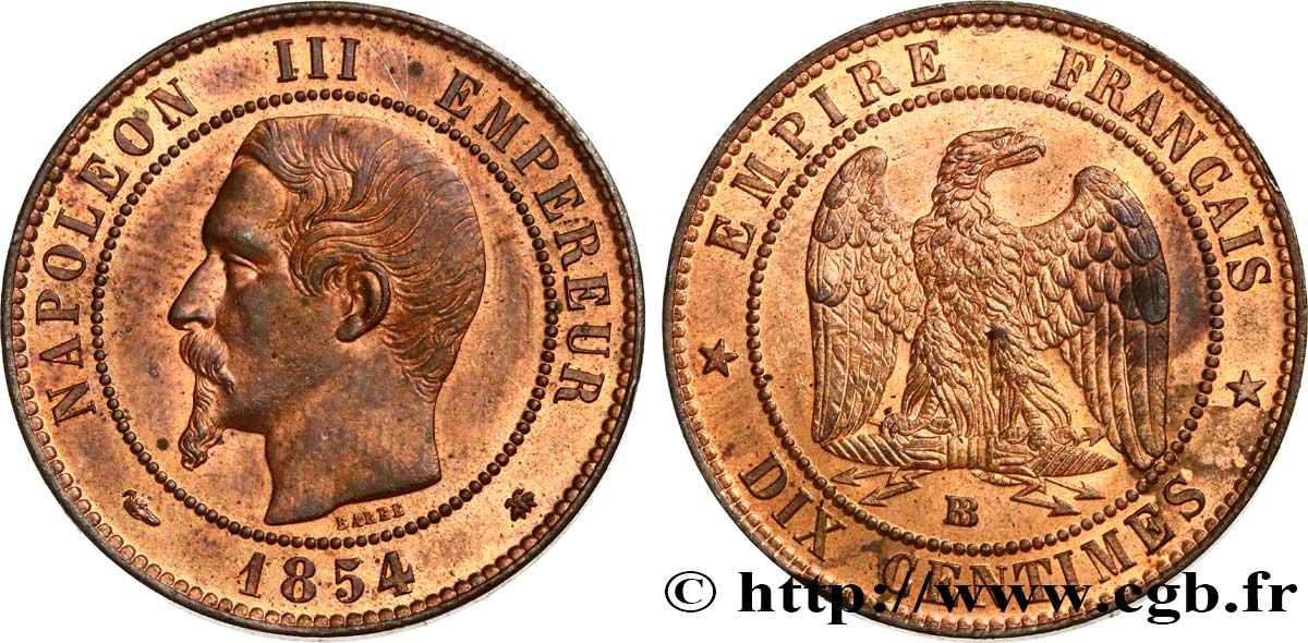Dix centimes Napoléon III, tête nue 1854 Strasbourg F.133/13 SUP62 