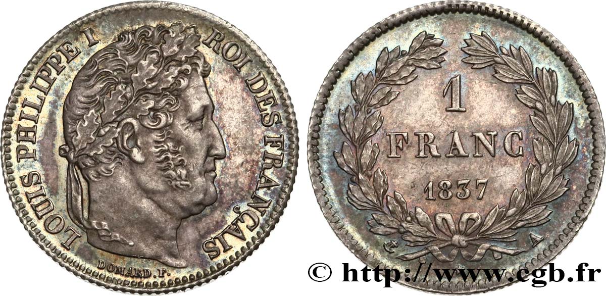 1 franc Louis-Philippe, couronne de chêne 1837 Paris F.210/55 MS62 