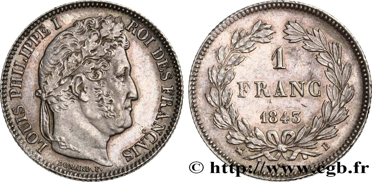 1 franc Louis-Philippe, couronne de chêne 1843 Rouen F.210/91 VZ60 