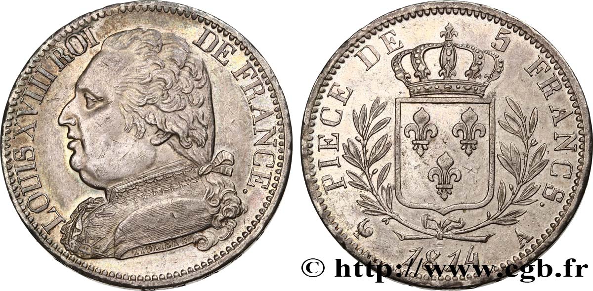5 francs Louis XVIII, buste habillé 1814 Paris F.308/1 EBC55 
