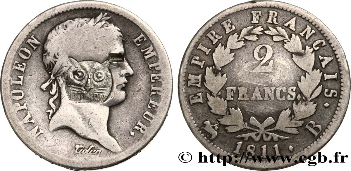 2 francs Napoléon Ier tête laurée, Empire français, contremarqué d’une tête de tigre 1811 Rouen F.255/25 var. S 