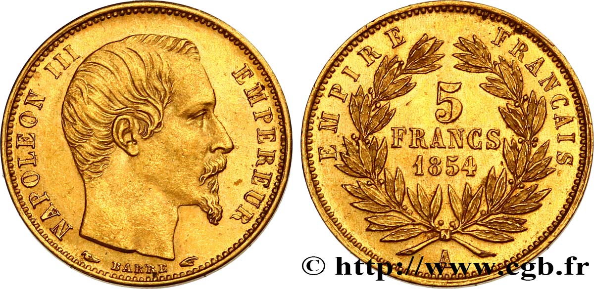 5 francs or Napoléon III, tête nue, petit module, tranche lisse 1854 Paris F.500/1 MS63 