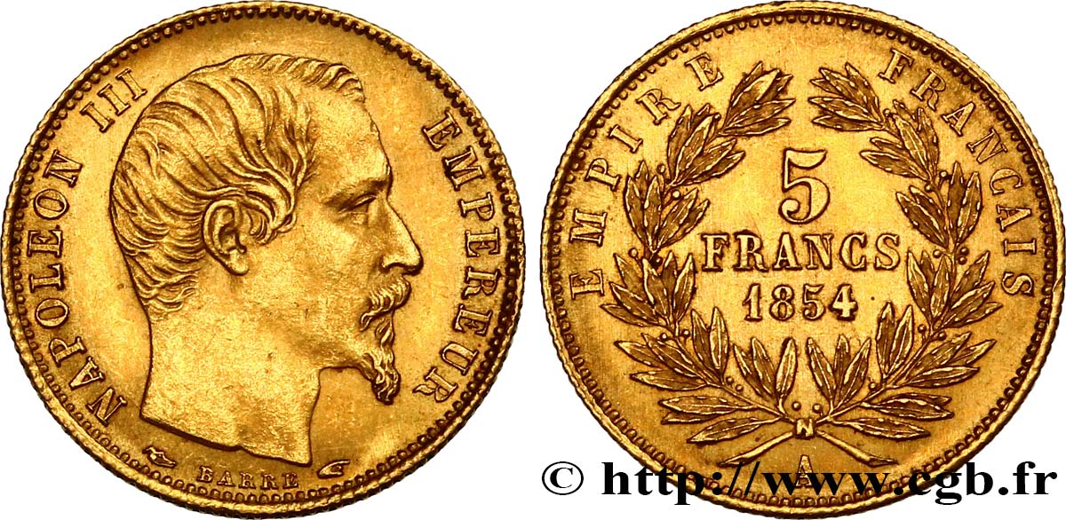 5 francs or Napoléon III, tête nue, petit module, tranche cannelée 1854 Paris F.500A/1 SUP61 