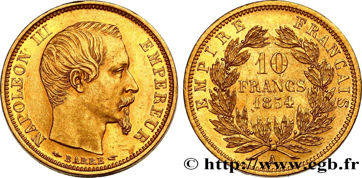10 francs or Napoléon III, tête nue, petit module, tranche lisse 1854 Paris F.505/1 EBC58 