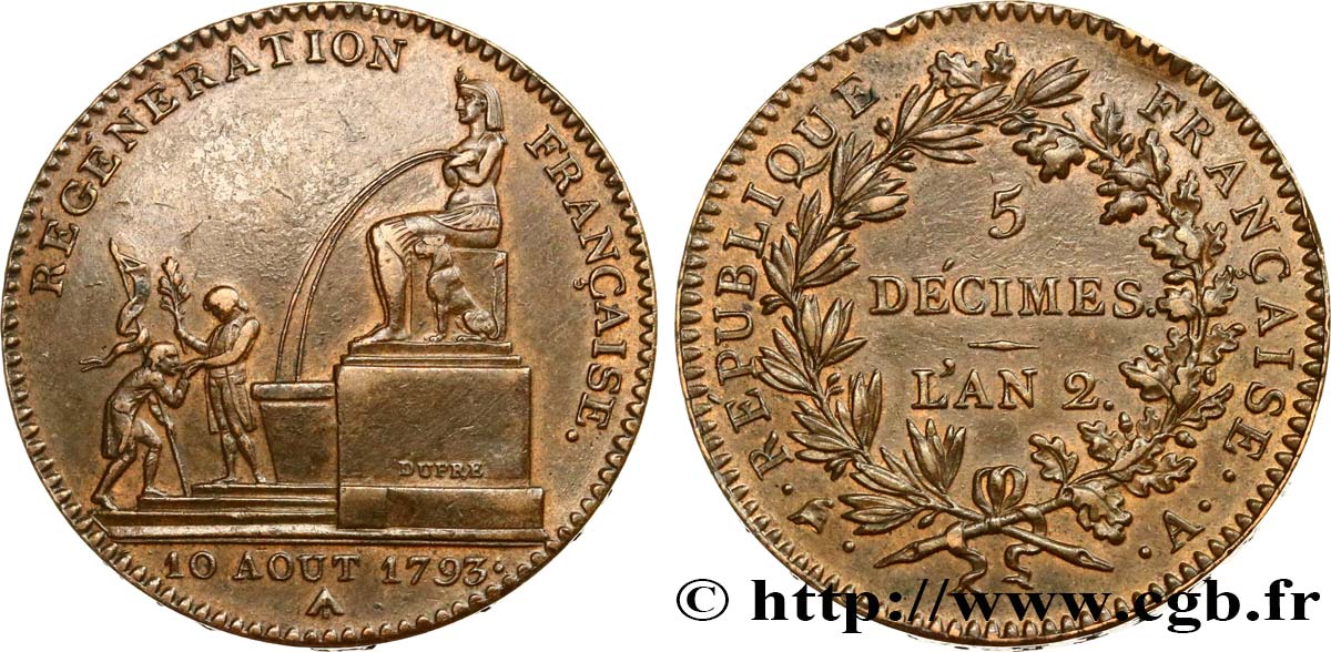 5 décimes, Régénération française 1793 Paris F.172A/1 AU53 