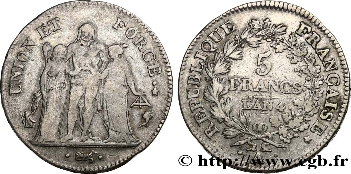 5 francs Union et Force, Union serré, avec glands intérieurs et gland extérieur 1796 Paris F.288/1 S30 