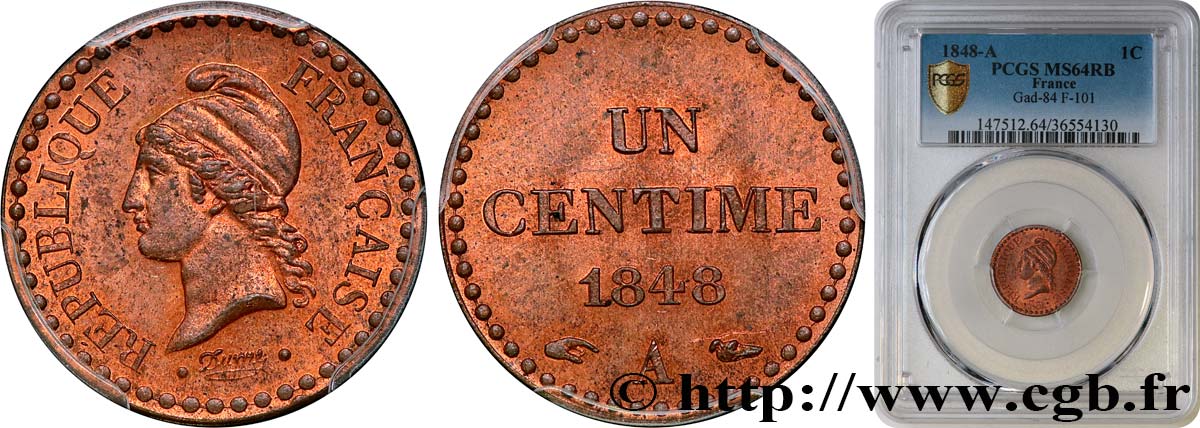Un centime Dupré, IIe République 1848 Paris F.101/1 fST64 PCGS