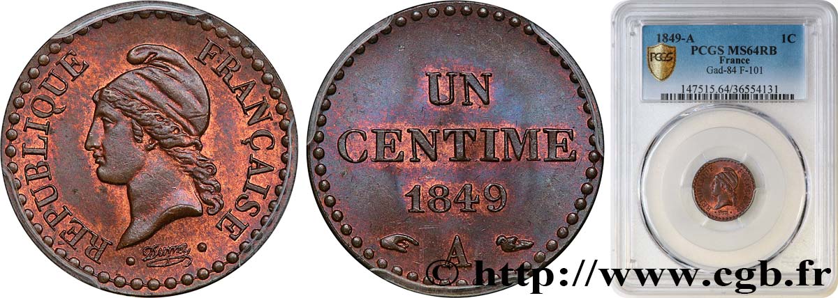 Un centime Dupré, IIe République 1849 Paris F.101/2 fST64 PCGS