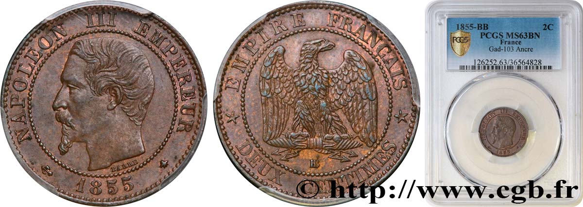 Deux centimes Napoléon III, tête nue 1855 Strasbourg F.107/24 SC63 PCGS