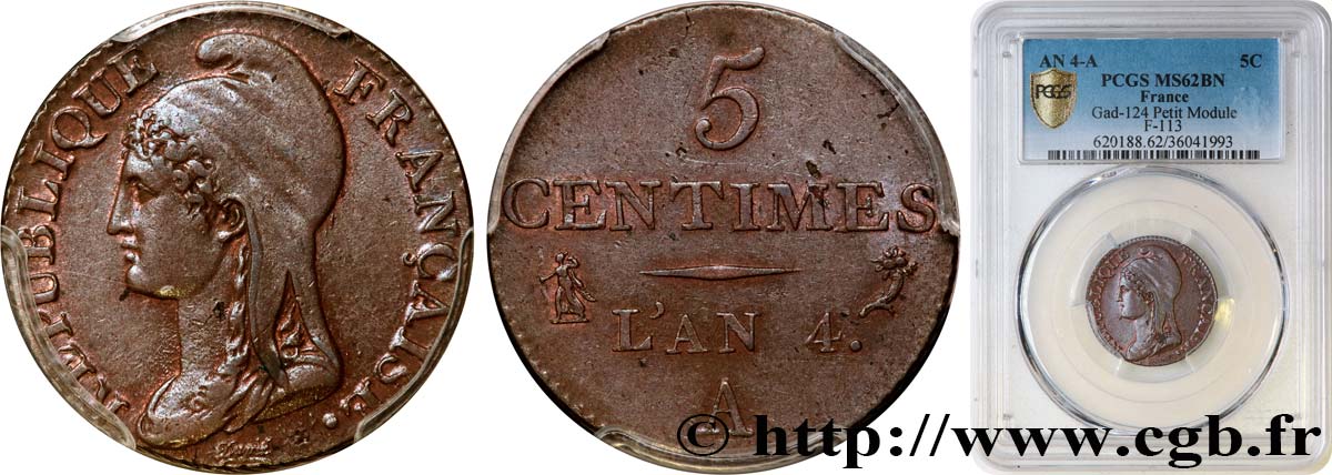 5 centimes Dupré, petit module 1796 Paris F.113/1 EBC62 PCGS