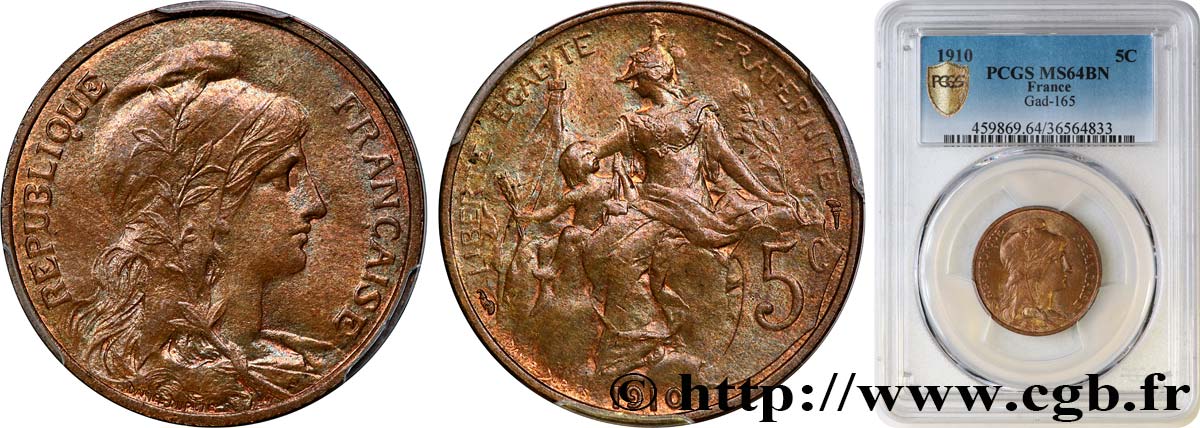 5 centimes Daniel-Dupuis 1910  F.119/22 SPL64 PCGS