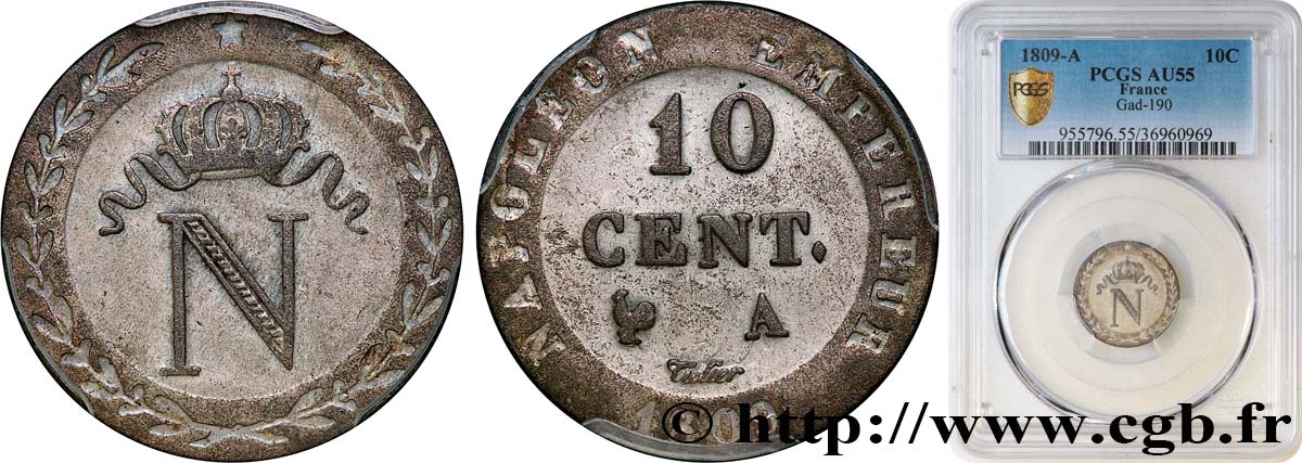 10 cent. à l N couronnée 1809 Paris F.130/10 SUP55 PCGS
