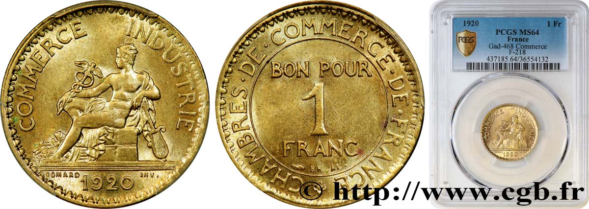 1 franc Chambres de Commerce 1920 Paris F.218/2 fST64 PCGS