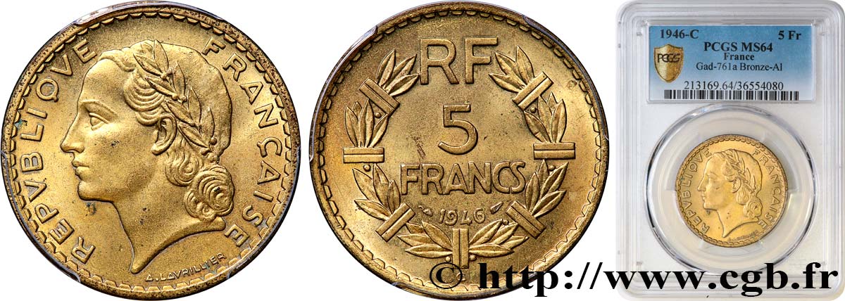 5 francs Lavrillier, bronze-aluminium 1946 Castelsarrasin F.337/8 SPL64 PCGS