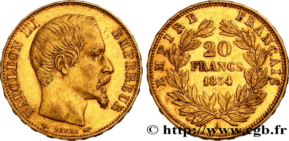 20 francs or Napoléon III, tête nue 1854 Paris F.531/2 AU50 