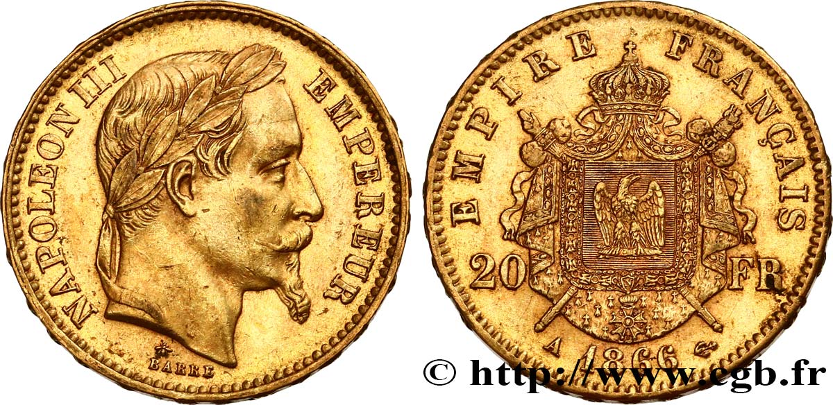 20 francs or Napoléon III, tête laurée 1866 Paris F.532/13 SS53 