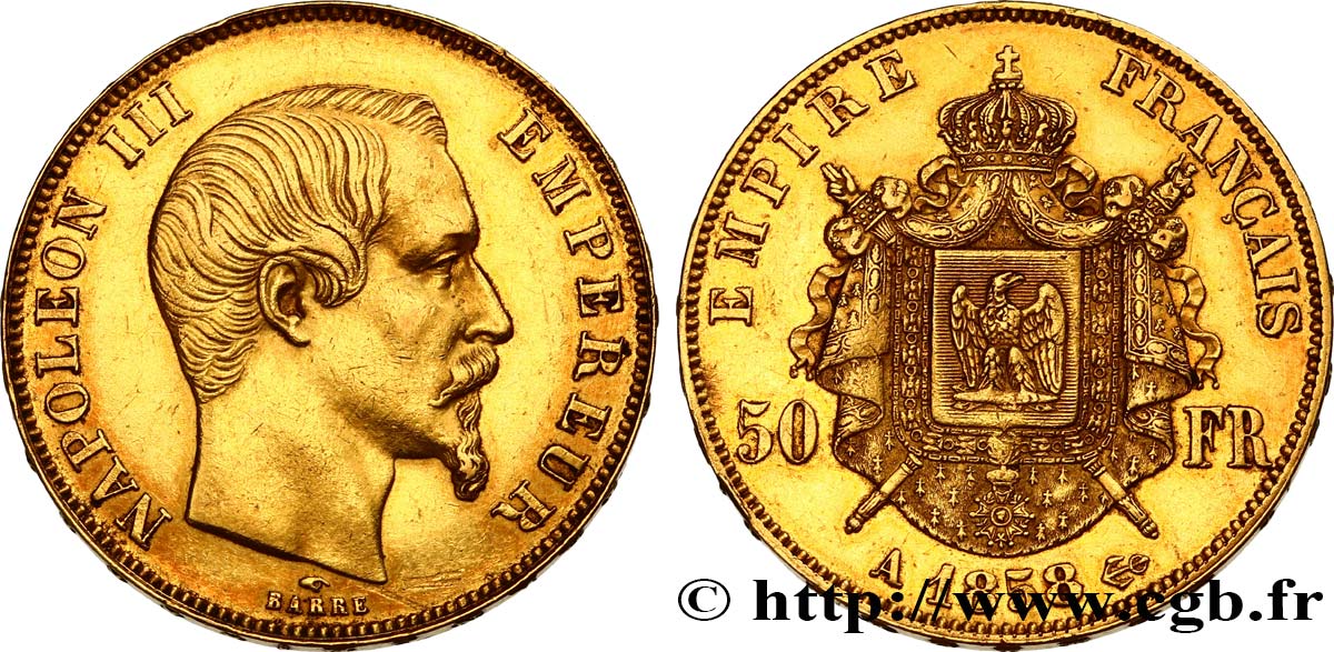 50 francs or Napoléon III, tête nue 1858 Paris F.547/5 MBC+ 