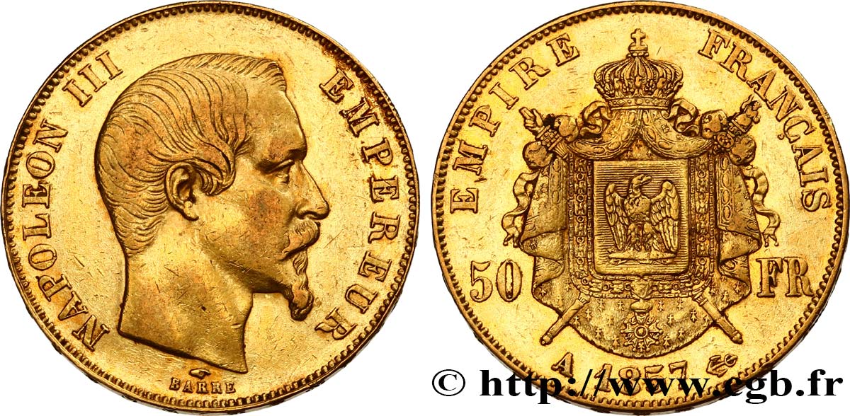 50 francs or Napoléon III, tête nue 1857 Paris F.547/4 q.BB 
