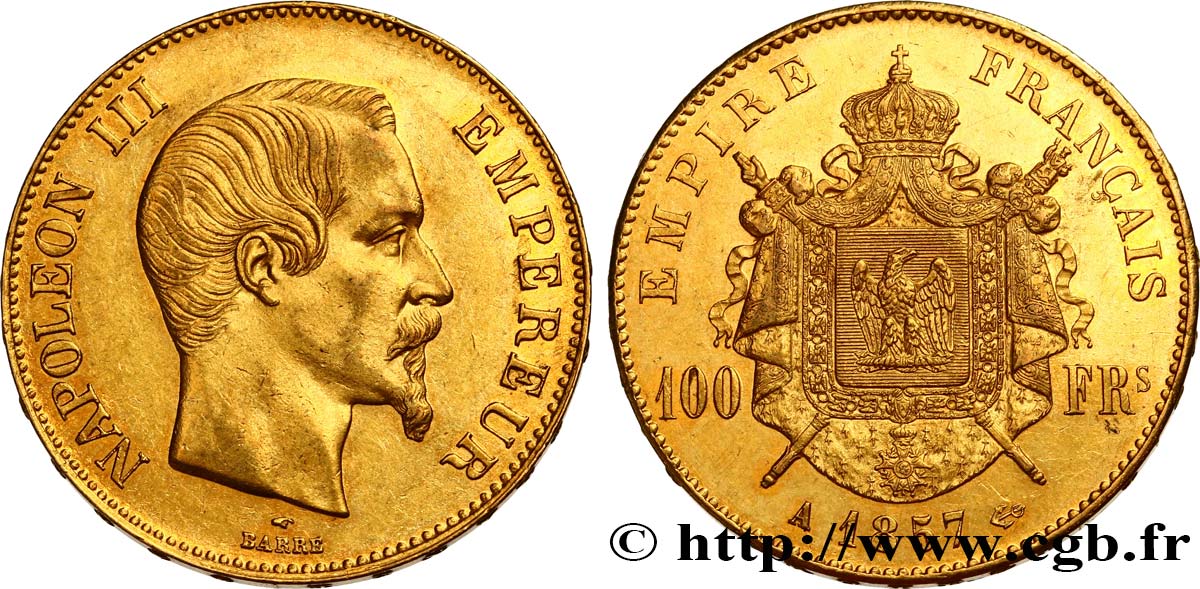 100 francs or Napoléon III, tête nue 1857 Paris F.550/4 EBC58 