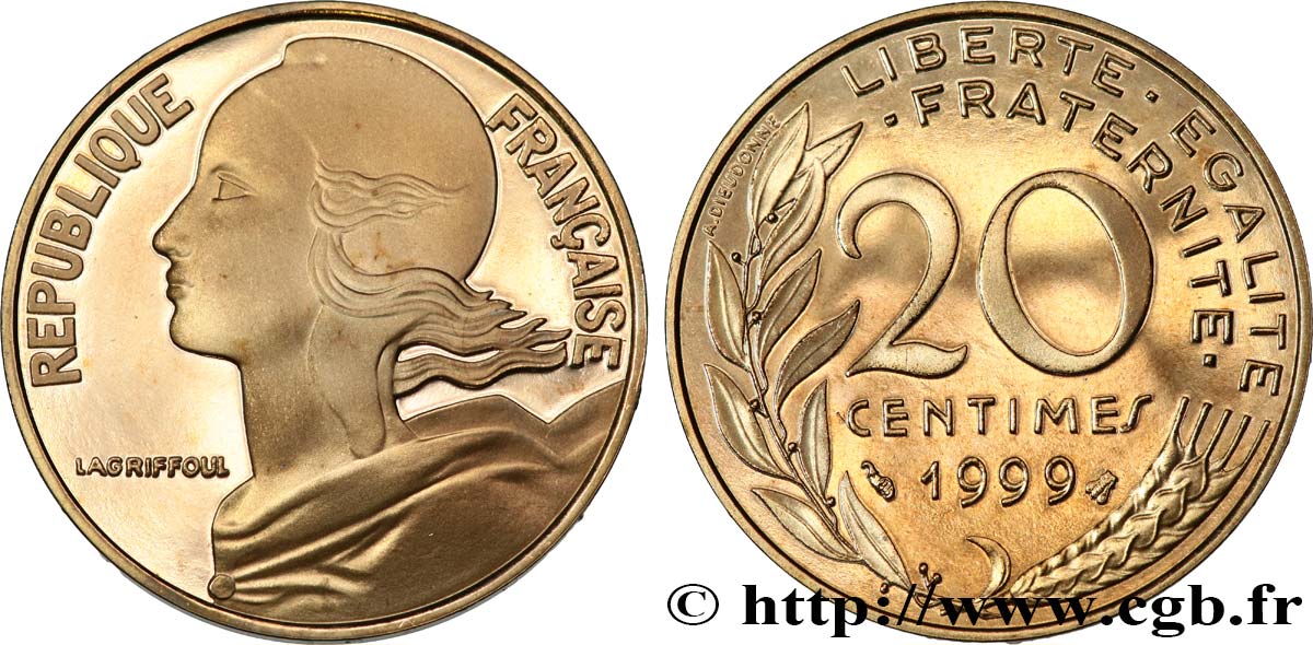 20 centimes Marianne, BE (Belle Épreuve) 1999 Pessac F.156/43 var. ST 