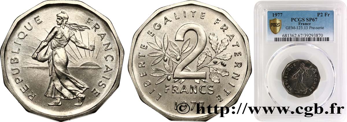 Pré-série de 2 francs Semeuse, nickel, sans le mot essai, tranche à 11 pans, listel rond 1977 Pessac GEM.123 13 MS67 PCGS