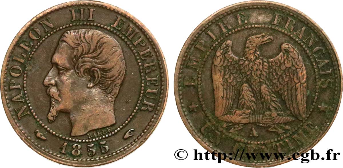 Un centime Napoléon III, tête nue, différent levrette 1855 Paris F.102/15 MBC40 